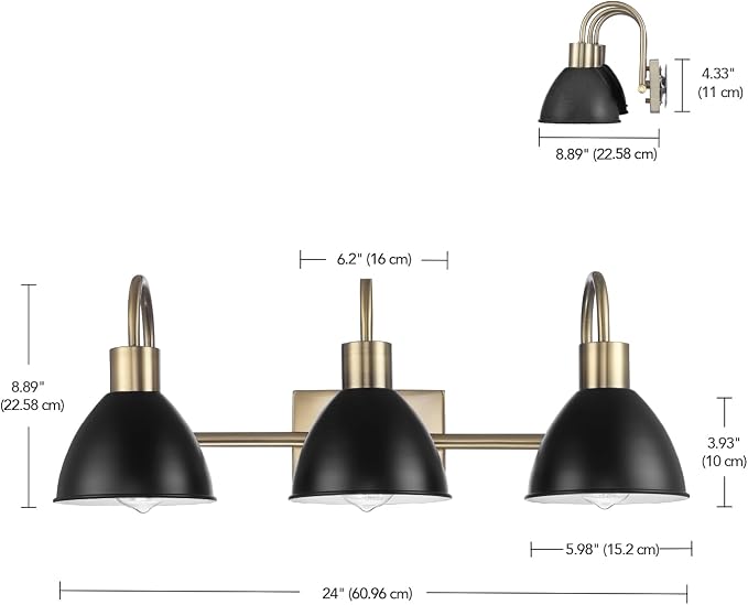 GLOBE Electric 63000058 5-Piece All-in-One Bathroom Accessory Set, Brass & Black, 3-Light Vanity Light, Towel Bar, Toilet Paper Holder, Towel Ring, Robe Hook, Bathroom Lights Over Mirror