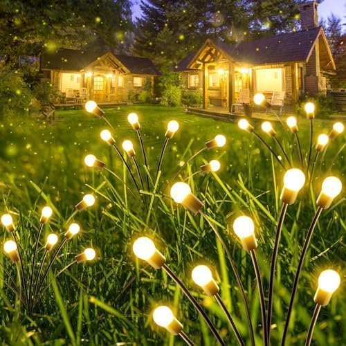 8 Pack Solar Firefly Lights Outdoor Swaying Garden Decor 64 LED Warm White | 2 Lighting Mode, Auto On/Off, Sway with Wind, Waterproof Solar lights Outdoor for Walkway Yard Terrace Holiday Decorations