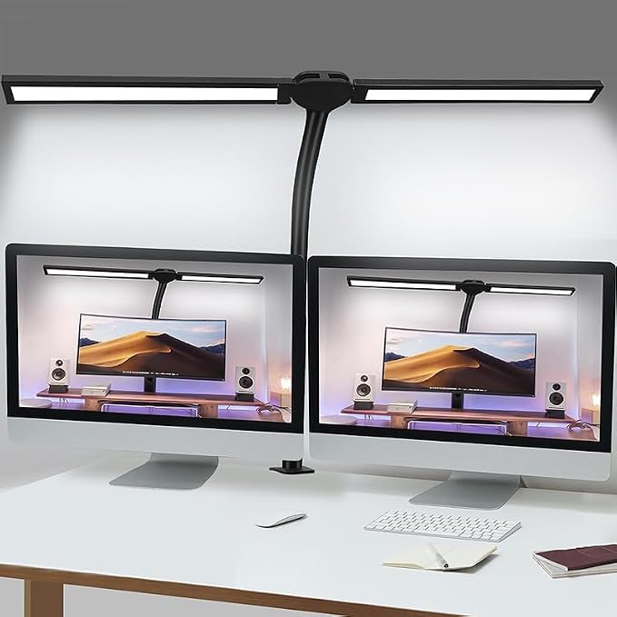 Double Head LED Desk Lamp for Office - Eye Caring Lamp with Clamp | Flexible Adjustable Lighting Gooseneck Desk Light, 4 Color Modes & 5 Brightness Levels for Monitor Workbench Study