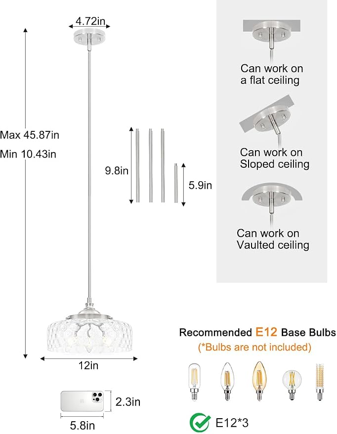 Brushed Nickel 3-Light Pendant Lights Kitchen Island, Modern Hammered Glass Kitchen Pendant Lighting Over Island, Adjustable Hanging Bathroom Light Fixtures for Hallway Entryway Dining Room,E12*3