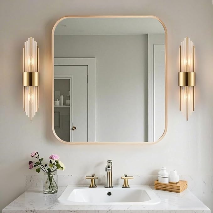 2-Light Modern Crystal Wall Sconces Titanium Gold Frosted Glass | Gold Vanity Wall Light Luxury Set of 2 Wall Light Fixtures for Bedroom Living Room Dining Room Vanity Mirror Light