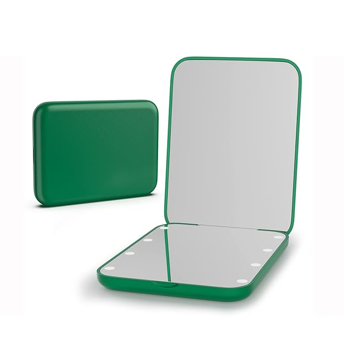 Kintion Pocket Mirror, 1X/3X Magnification LED Compact Travel Makeup Mirror with Light for Purse, 2-Sided, Portable, Folding, Handheld, Small Lighted Mirror for Gift, Green