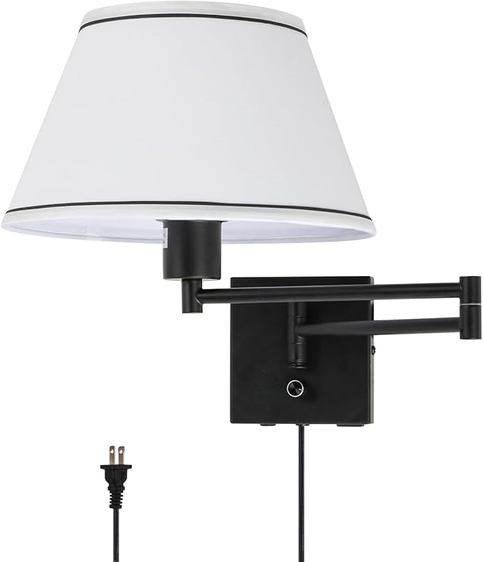 Swing Arm Wall Lamp,17”Wall Sconce Plug in with Type-C and USB Port,Dimmable Switch,Bedroom Wall Light Fixtures,Bedside Reading Lamp,White Shade Black Finish.