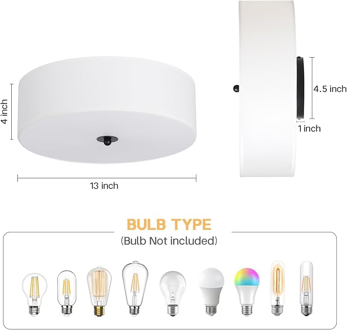 CALOKES Flush Mount Ceiling Light Fixture, 13" Close to Ceiling Light with White Fabric Linen Drum Shade, 2-Light Modern Round Ceiling Light for Bedroom Hallway Dining Kitchen