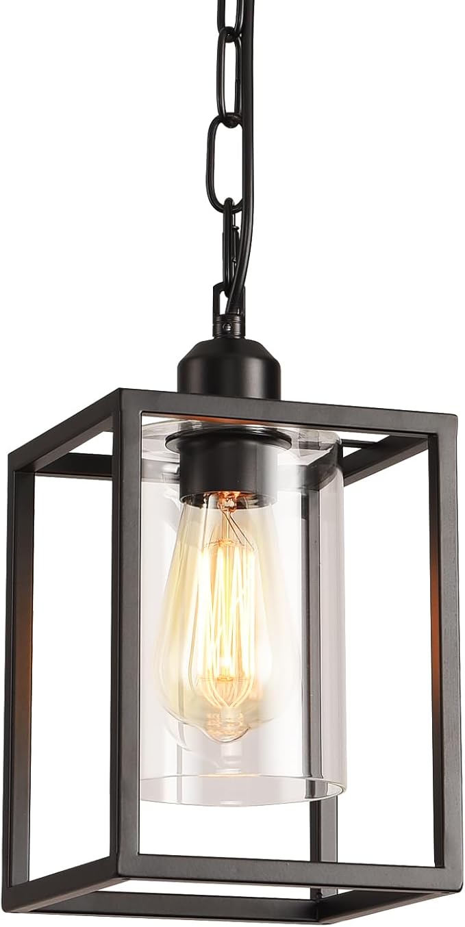 Farmhouse Pendant Light,Black Metal Frame Hanging Light Fixture with Clear Glass Shade Chandelier, Adjustable Chains Industrial Mini Pendant Lighting for Kitchen Island Entryway Porch