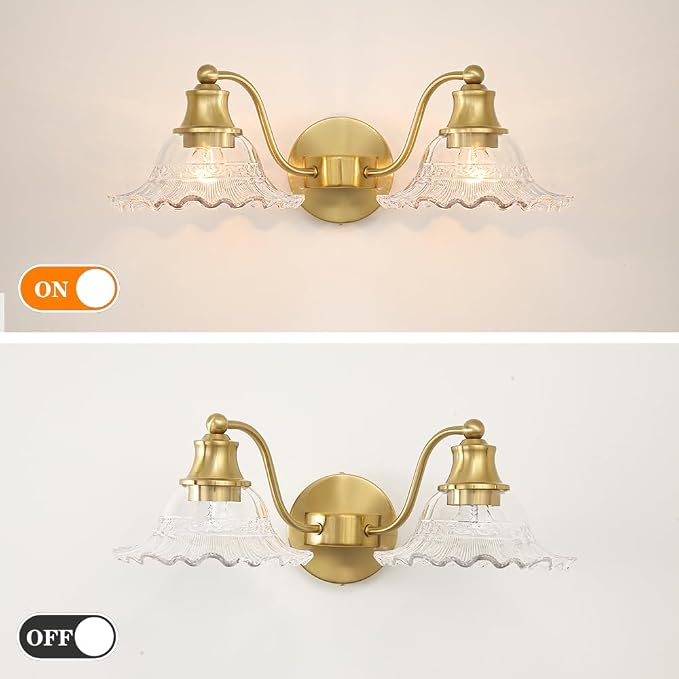 Bright Brushed Gold Bathroom Vanity Light Vintage Style, E26 Easy Mounted | Vanity Light with Flower Glass Shades, 18" Wide Bathroom Lighting Over Mirror, Easy Mounted for Bathroom, Bedroom, Hallway