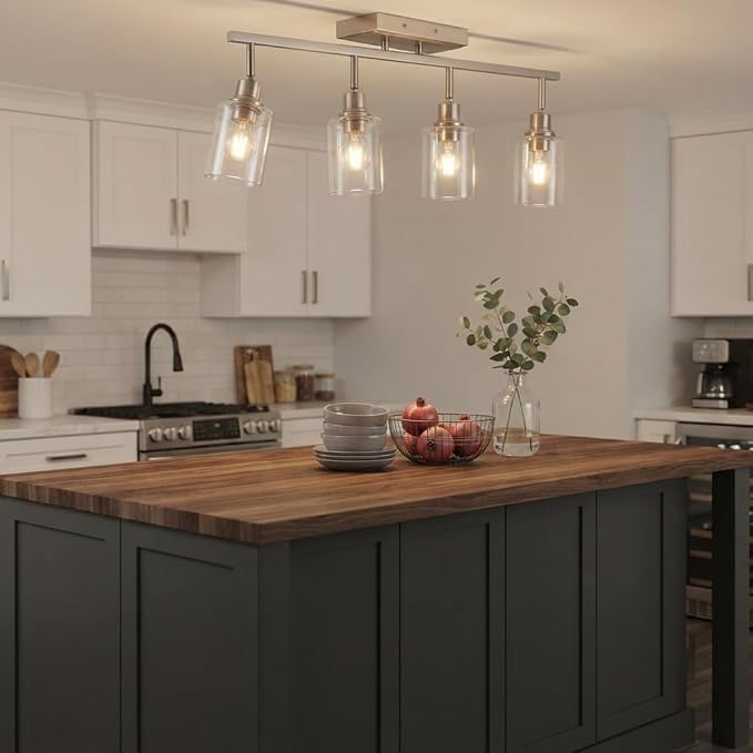 4-Light Brushed Nickel Bathroom Vanity Lighting, Modern Track Lighting Fixtures Ceiling Flush Mount Ceiling Light with Clear Glass Shade Flexibly Rotatable Light Head Kitchen Track Light