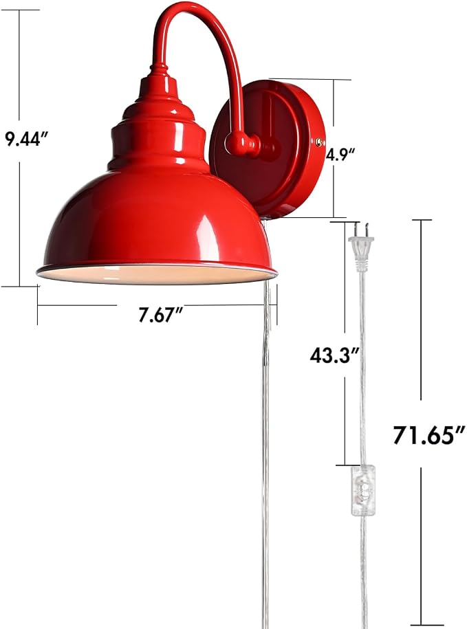 Mini Gooseneck Wall Sconce, 2-Way Mount with Switch, Red | Flexible Gooseneck, Plug-in & Hardwired Dual Installation, On/Off Switch Included, Fits Bedroom, Corridor, Porch
