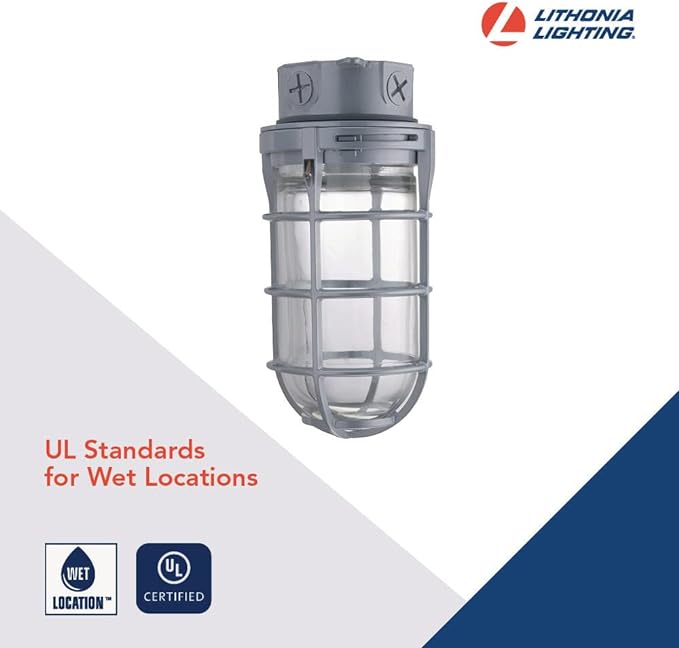 Lithonia Lighting Incandescent Vapor Tight Jelly Jar Light 150W 120V Grey | Utility Ceiling Lamp, Industrial Style Wall Light for Indoor and Outdoor Use, Includes Junction Box (VC150I M12)