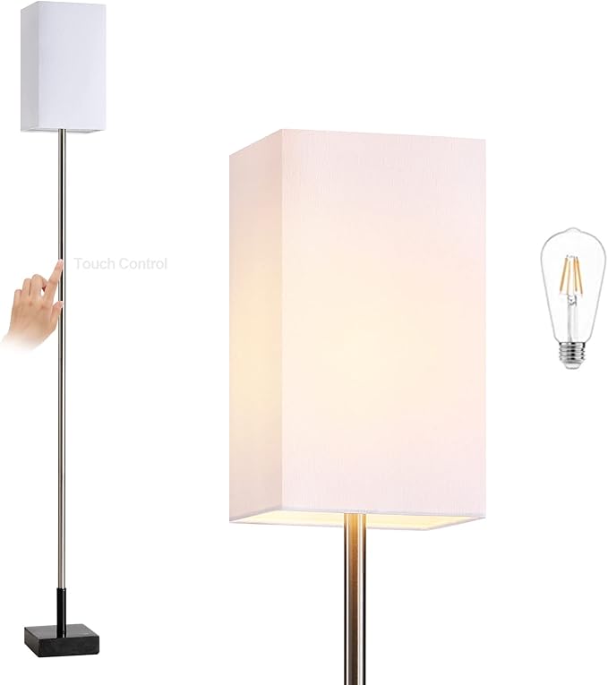Floor Lamp, Marble Base, 3-Way Touch Control Dimmable, Linen Shade | Heavy marble base | Touch dimming | LED bulb included | Bedroom and living room lighting