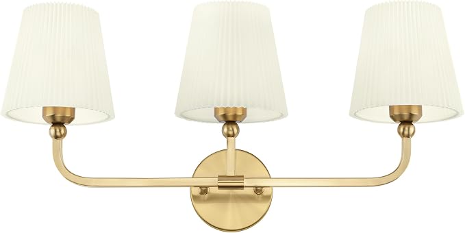 3-Light Gold Bathroom Vanity Light, Beige Pleated Fabric Shade | 25" 3-light gold double wall sconce with beige pleated fabric shades, E26 bulbs, hardwired, upward only, VL837-BG-Z-B-3