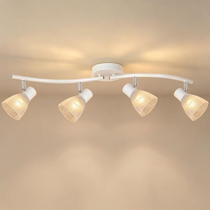 HiBay 4-Light Track Lighting, Modern White Glass Ceiling Light Fixture | Adjustable Flush Mount Track Spotlight for Bathroom, Kitchen, Dining Room, E12 Base, Bulbs Not Included
