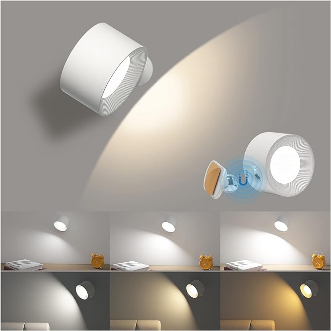 Battery Operated Wall Light, LED Lamp with 360° Adjustable Lighting Indoor 3 Color Modes Brightness Levels Touch Control, Mounted for Bedroom Reading Bedside - 1 Pack White