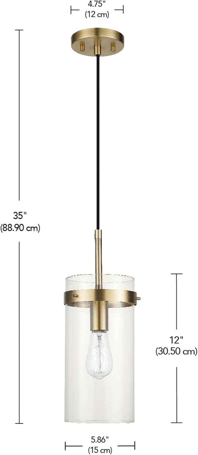 Globe Electric 61209 1-Light Pendant Light, Brass, Clear Glass Shade, Vintage Edison Incandescent Bulb Included, E26 Base Socket, Kitchen Island, Café, Decorative, Ceiling Hanging Light Fixture