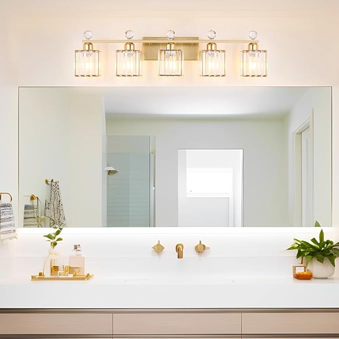 Bathroom Vanity Lights Over Mirror - Easy Installation with Clear Guide, 5-Light Shadow-Free Design, Gold Crystal Finish - for Modern Home Bathroom Lighting Fixtures in DIY Projects