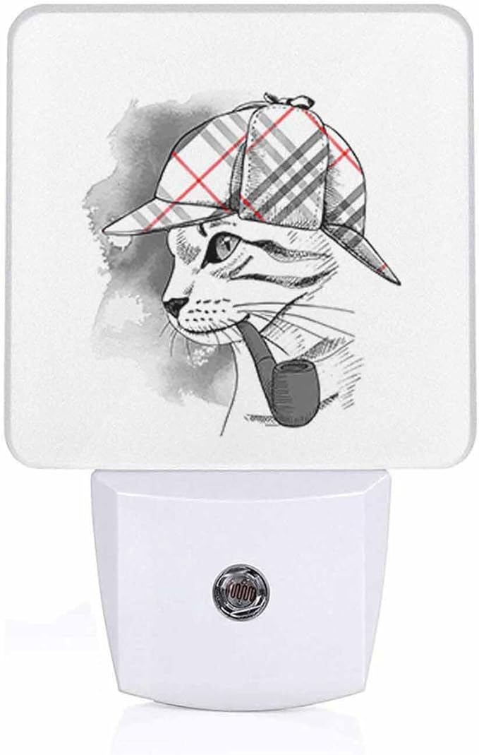 LED Night Light,Cat Checkered Deerstalker Pipe LED Night Light Plug into Wall with Dusk to Dawn Light Sensor White Energy Efficient Nightlight for Bedroom Bathroom Hallway Living Room Kitchen