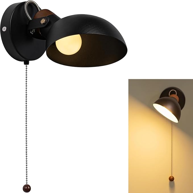 Aisilan LED Wall Sconce with Pull Chain, Adjustable Indoor Wall Light for E12 5W Bulb, Matte Black 3000K Wall Mounted Lighting for Living Room, Bedroom, Hallway