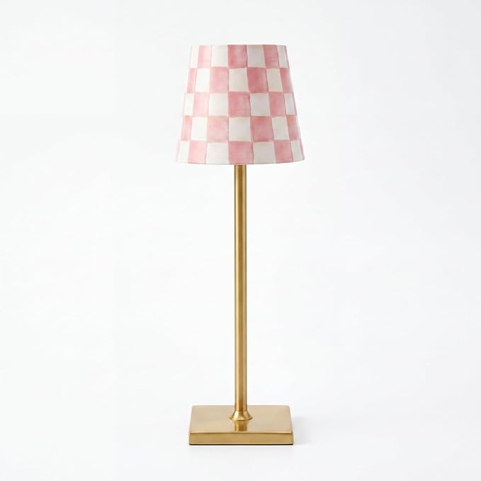 Pickmesh 1 Pack Pink Checkered Mahjong Cordless Lamp Scalloped Edge Mahjong Print LED Lamp 3 Color Dimmable Rechargeable Stylish Lamps for Mah Jong Table Living Room Nightstand Desk