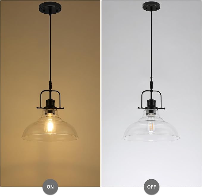 WILON Clear Glass Modern Pendant Light for Kitchen, Black | 11'' Clear Glass Shade, Adjustable Height, E26 Ceramic Socket, 60W MAX, Farmhouse Style for Dining Room Kitchen Over Sink