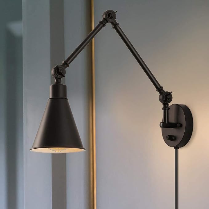 CADUKE Swing Arm Wall Lamp for Bedroom, Set of 2 Plug in Wall Light Fixture with Dimmable Switch, Industrial Metal Black Wall Reading Sconce for Living Room Farmhouse Hallway