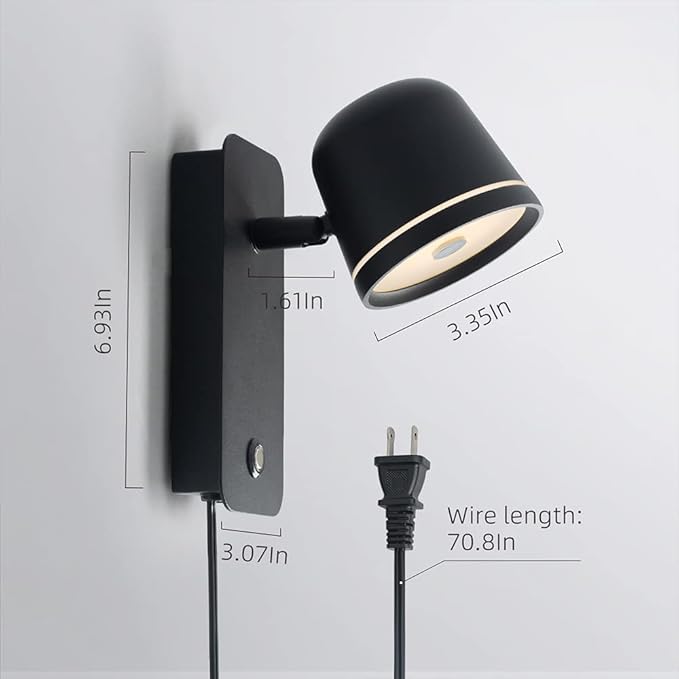 Aisilan Black Wall Sconce, 5W Dimmable Wall Sconces, Adjustable Angle Indoor Wall Lights with Plug in Cord, LED Wall Mounted Bedside Lamps for Living Room Stairway Hallway