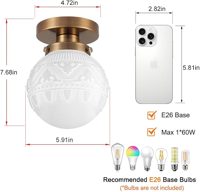 Daunton Semi Flush Mount Ceiling Light, Modern Globe Milk Glass Ceiling Light Fixture, Vintage Small Brass Gold Hallway Light Fixtures for Kitchen, Entryway, Bathroom, Clos