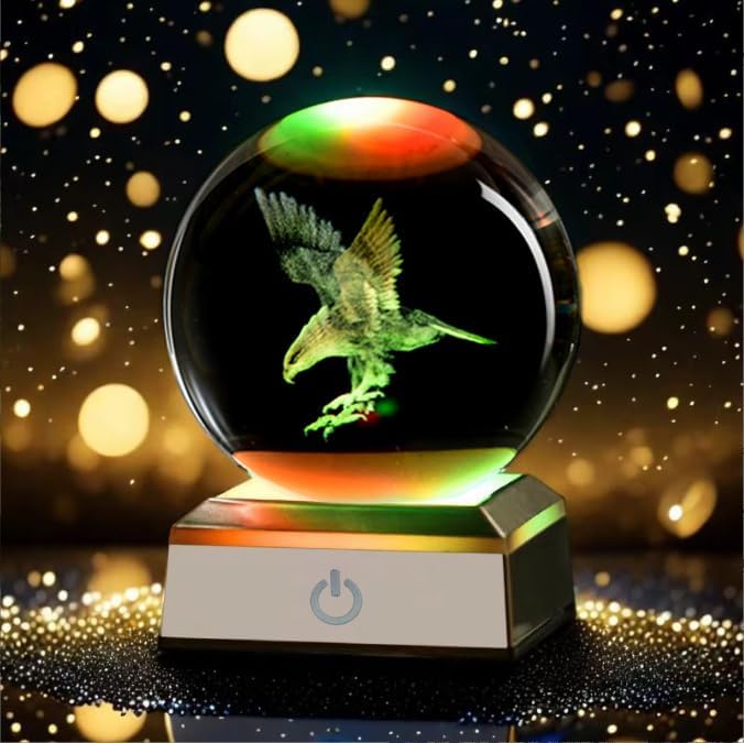 80mm 3D Eagle Crystal Ball with LED Stand, Animal Figurine Decor Glass Sphere Lamp Night Light, Eagle Statue Gifts for Men Women Kids