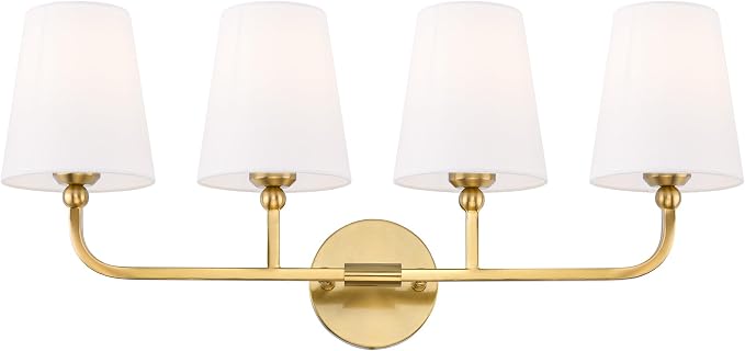 4-Light Brushed Gold Bathroom Vanity Light with White Fabric Shade | 28 Inch gold bathroom light fixture over mirror, UL listed, E26 bulbs, hardwired, upward only, VL837-BG-4K