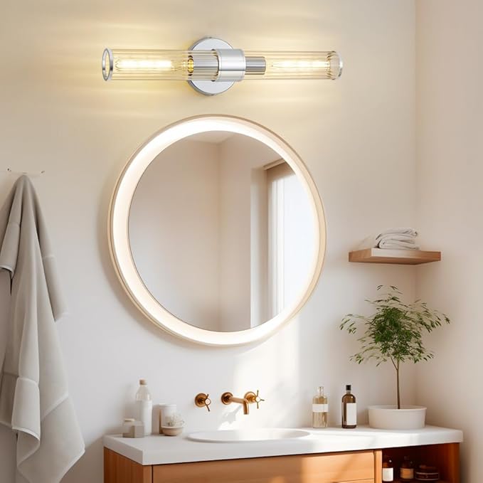 Bathroom Vanity Light Fixtures, Chrome Wall Sconce in Threaded Glass, Modern Wall Light Up and Down Wall Mount Lamp for Bathroom, Living Room, Hallway, Kitchen - Bulb Not Included
