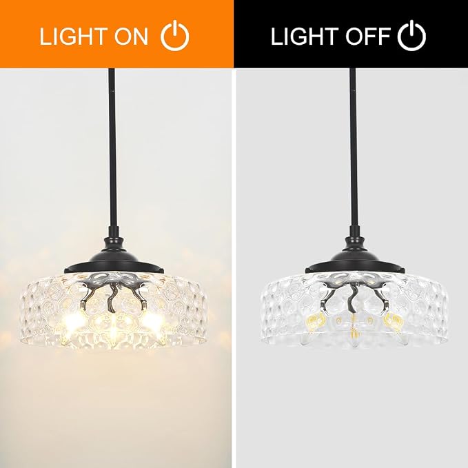 3-Light Adjustable Pendant Lights Kitchen Island, Black Pendant Light Fixture with 12" Clear Hammered Glass Shade, Modern Drop Light for Bathroom, Hallway, Convertible Ceiling Mount Or Hanging Fixture