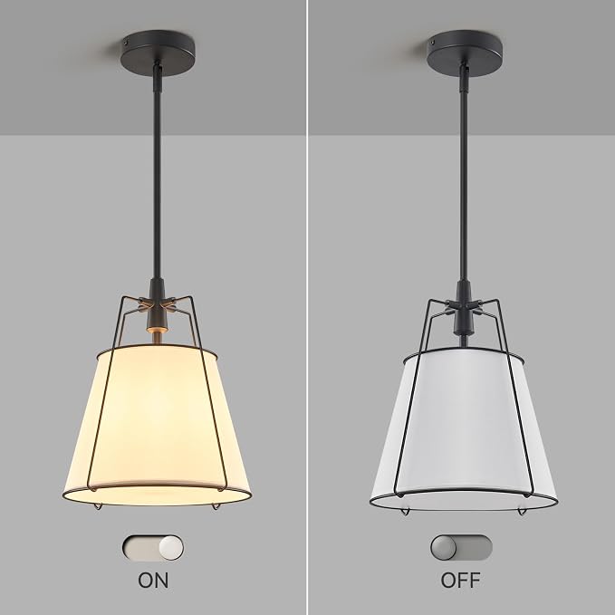 Modern Pendant Light Fixtures with 13" White Linen Fabric Shade, Adjustable Hanging Light Fixture,Drum Black Vintage Chandelier for Kitchen Island Bedroom Dining Room Foyer Entryway