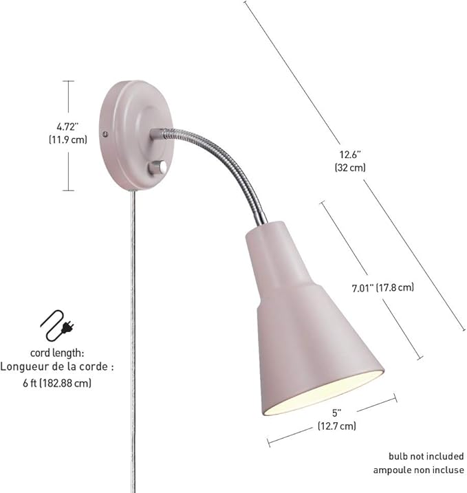 GLOBE Electric 13064 Sophie 1-Light Plug-in or Hardwire Wall Sconce, Chrome Gooseneck, Matte Rose, 6ft Clear Cord, Bulb Not Included (Pack of 4)
