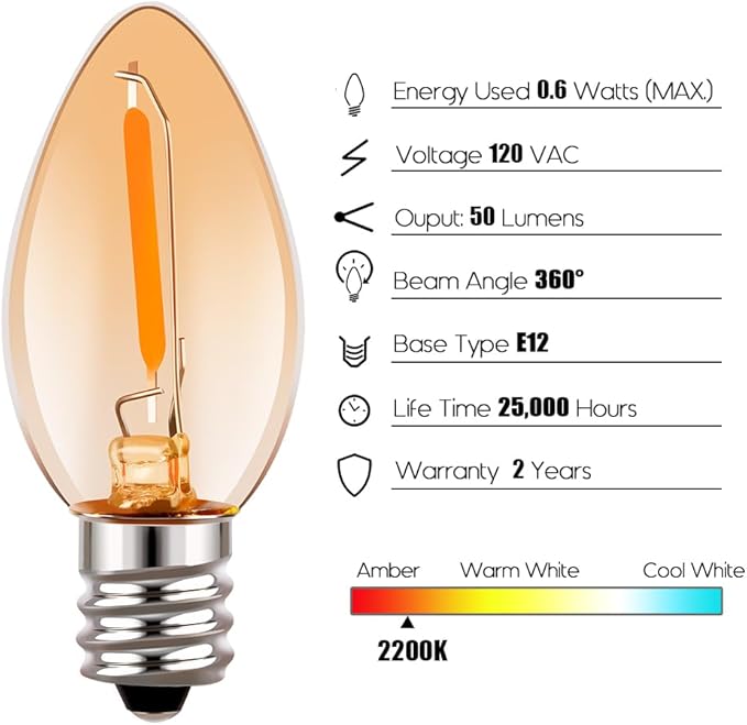 Emotionlite Night Light Bulbs, Amber LED C7 Bulb, 4W 5W 6W 7W Equivalent, E12 Candelabra Base, Salt Lamp and Nightlight Replacement Bulb, 0.6W, Amber Yellowish 2200K, 50LM, 4 Pack