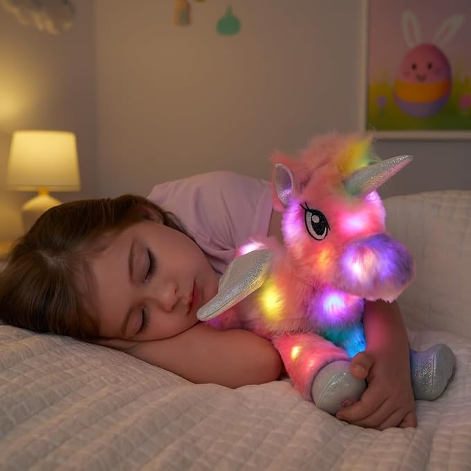 Hopearl Colorful LED Musical Stuffed Unicorn Lighting Up Singing Plush Toy Adjustable Volume Lullaby Animated Soothe Birthday Festival for Kids Toddler Girls, Rainbow, 16''