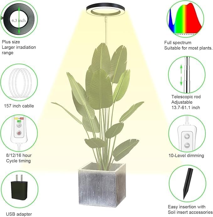 Plant Grow Light,yadoker LED Growing Light Full Spectrum for Indoor Plants,Height Adjustable, Automatic Timer, 5V Low Safe Voltage,Idea for Large Plant Light