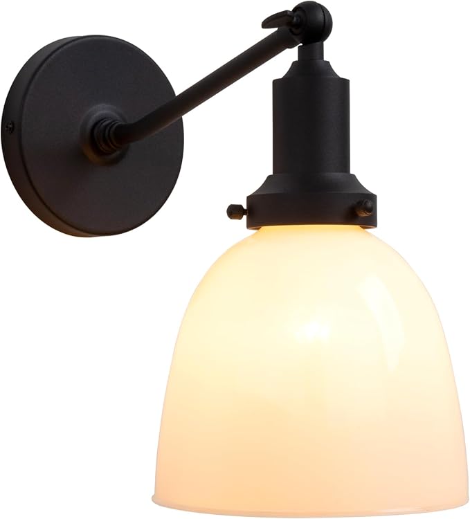 Industrial Sconces Vintage Slope Pole Wall Mount Single Sconce with 6.7" Oval Dome Milk White Glass Shade Wall Light Fixture for Livingroom Bedroom
