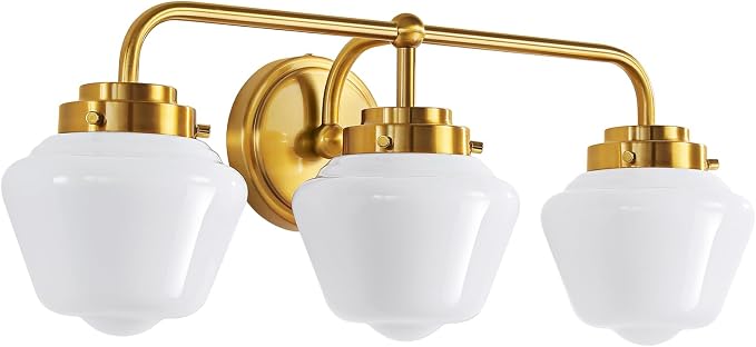 RUIYEY Bathroom Vanity Light Fixtures: 3-Lights Gold Vanity Lights Over Mirror, 17 Inch E26 60W Modern Bathroom Lighting Fixture with Milky White Glass for Bath Restroom