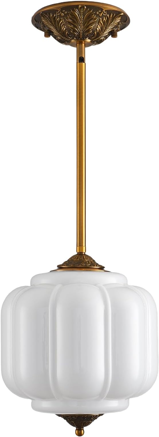 LOUSACE 10 Inch Vintage Milk Glass Ceiling Light Fixture, Semi Flush Mount Pendant Light with White Glass Shade, Ceiling Light for Kitchen Hallway Dining Room Bedroom (Bulb Included)