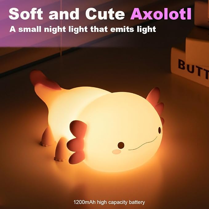 magical JD Axolotl Night Light for Kids Bedroom, Animal Silicone Nursery Night Lamp Touch Dinosaurs Nightlights USB Rechargeable Bedside Lamp for Baby Children Toddlers Girls Gift (Pink Axolotl +1)