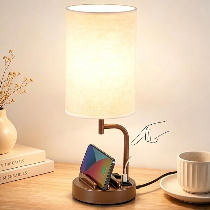 Dreamholder Touch Control USB Table Lamp with USB C/A & AC Outlet, 3-Way Dimmable Bedside Lamp, Modern Nightstand Lamps for Bedroom Living Room Guest Room Office, Bulb Included, Brown