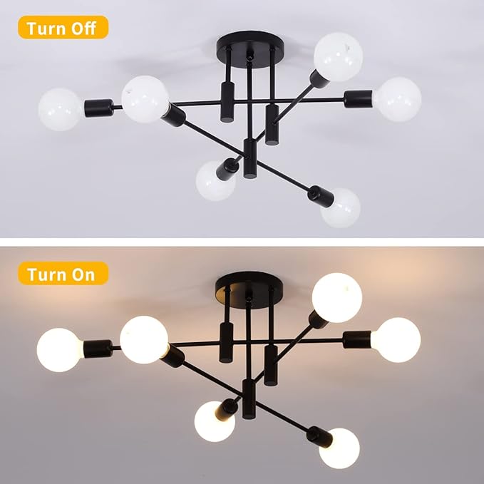 Garwarm Black Sputnik Ceiling Light Fixture, 6-Lights Semi Flush Mount Ceiling Light, Modern Kitchen Chandelier for Dining Room Bedroom Entryway Hallway