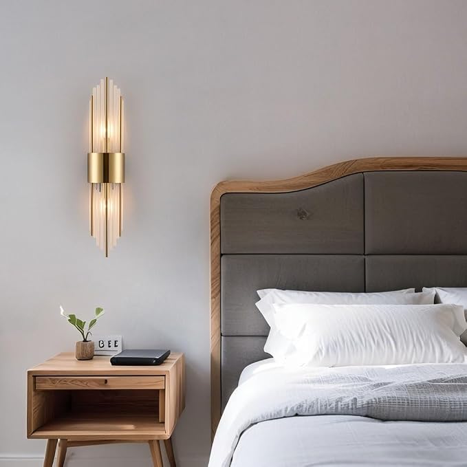 2-Light Modern Crystal Wall Sconces Titanium Gold Frosted Glass | Gold Vanity Wall Light Luxury Set of 2 Wall Light Fixtures for Bedroom Living Room Dining Room Vanity Mirror Light