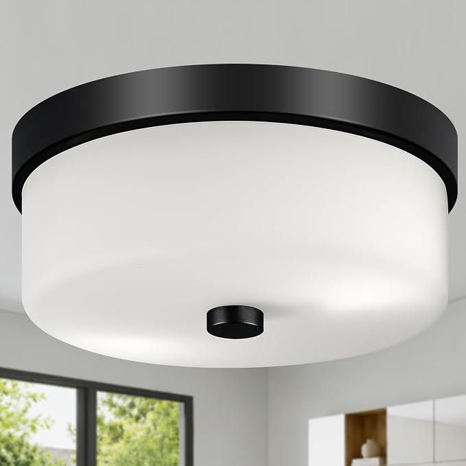 szzgco Black Flush Mount Ceiling Light Fixtures, 2-Light Ceiling Mount with Milky White Glass Lampshade, Industrial Flush Mount Light Fixture Farmhouse for Hallway, Kitchen, Entryway and Foyer