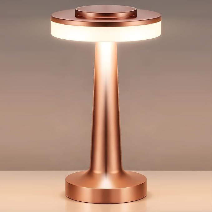 Riakrum 1 Pcs Rose Gold LED Portable Cordless Table Lamp Bulk with Touch Sensor 3 Color Stepless Dimming Rechargeable Battery up to 15 Hours Cordless Table Light Wireless Lamp Wedding Home