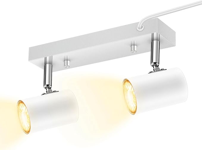 2 Light Track Lighting Kit,White 2 Way Flexible Plug in Ceiling Spotlight,Industrial LED Wall Light for Kitchen Cabinet Gallery Bar Hallway Living Room,Rocker Switch,15 ft Cord(No Bulb)