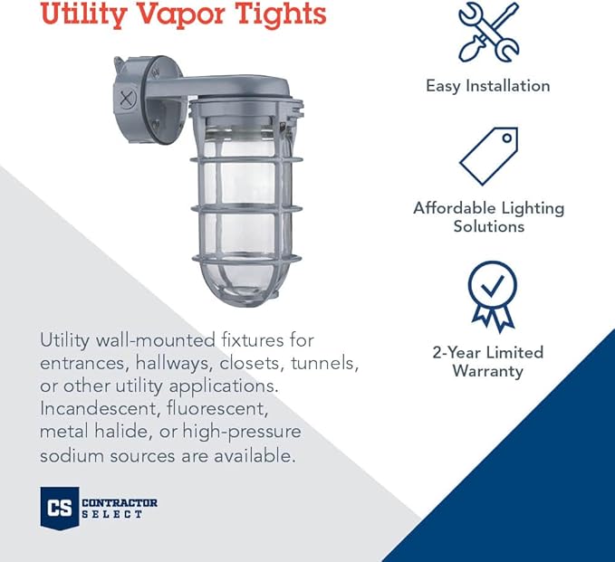 Lithonia Lighting Incandescent Vapor Tight Jelly Jar Light 150W 120V Grey | Utility Wall Lamp, Industrial Style Wall Light for Indoor and Outdoor Use, Includes Junction Box (VW150I M12)