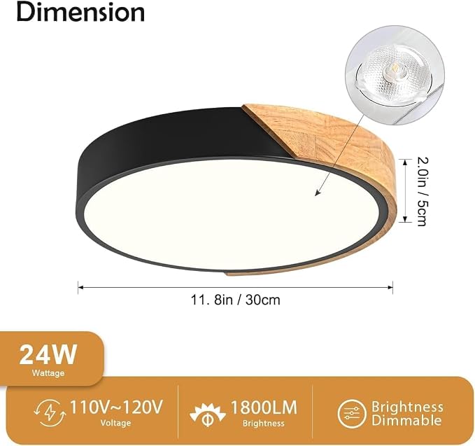 Modern LED Ceiling Light, Minimalist Wood Dimmable Flush Mount Ceiling Light Fixture, Round 5CCT Lighting Lamp with Acrylic Lampshade for Bedroom Hallway Laundry, Black 11.8"