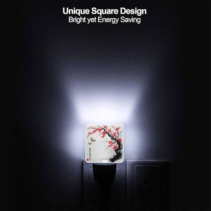 Plum Blossoms and Butterflies Night Light Red Ink Painting Style LED Night Lights Plug into Wall for Stairway Hallway Bedroom 0.5W Nightlight