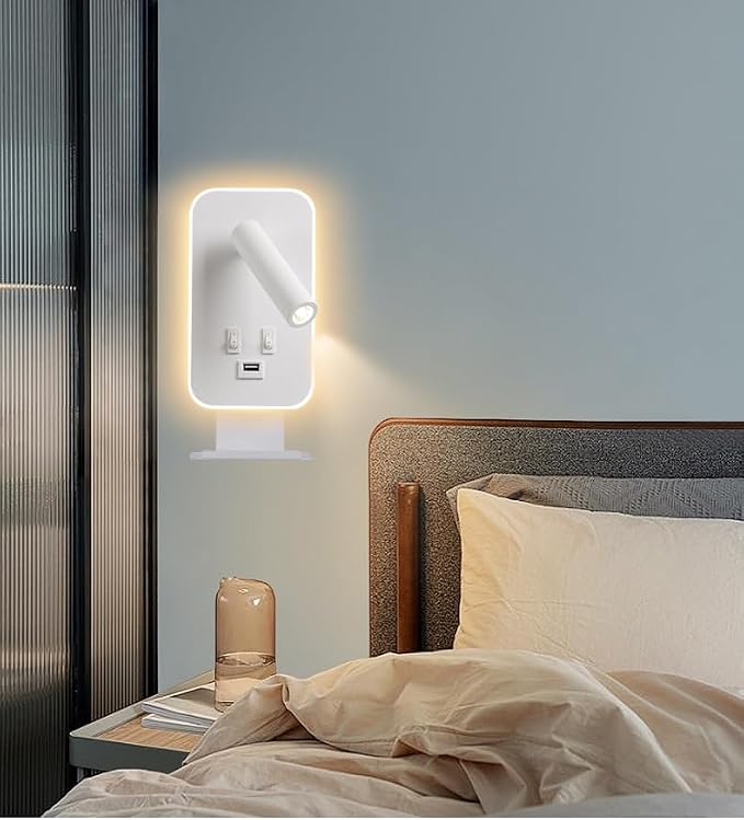 Wall Mounted Reading Light, Bedside Wall Sconces USB Charging, 3100K Warm Ambient Lighting Wall Mounted Sconce for Bedroom, wall lamps for bedroom hardwired, Eye-Caring Bedroom Lighting, White