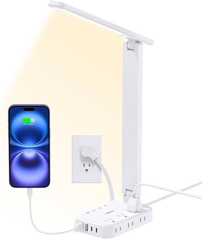 Desk Lamp,Power Strip with 6 AC Outlets & 4 USB Ports, Dorm Room Essentials | One Beat Touch Control LED Lamp, 4 Color Modes 5 Brightness Levels,Eye-Caring Reading Lamp,5ft Cord,Study Home Office College